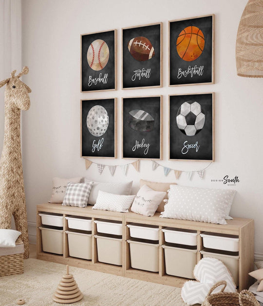 Sports wall prints for kid room, sports balls wall pictures, sports art collection set, basketball baseball soccer football wall art nursery