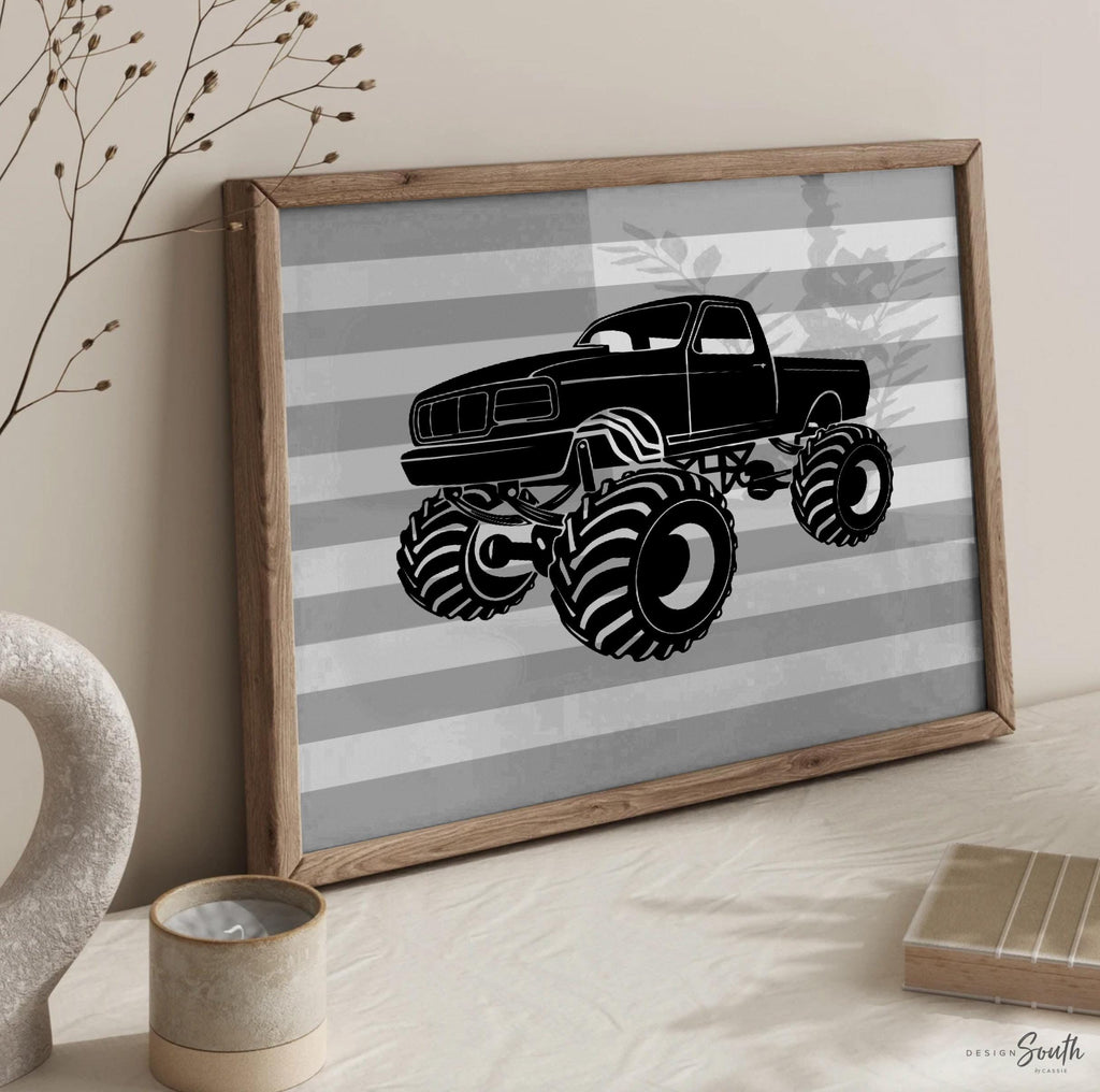 Monster truck wall personalized name for boys room decor, truck theme wall prints, boys monster truck with name, toddler truck bedroom decor