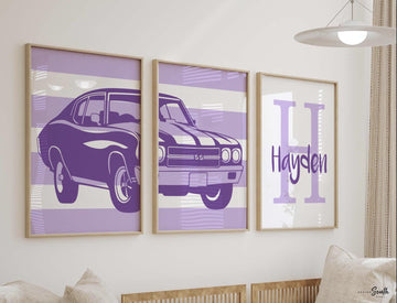 Purple car nursery bedroom wall art, purple muscle car, purple car classic chevrolet chevelle ss art set, purple car themed girl room decor