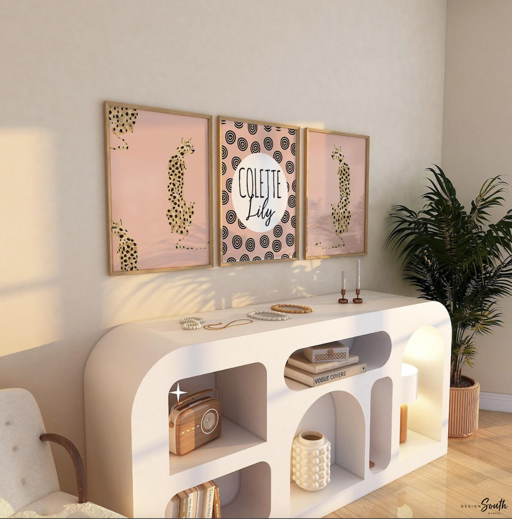 Chic trendy girl nursery, pink spotty nursery, cheetah print nursery, safari animal nursery art girl, baby pink cheetah girls name modern