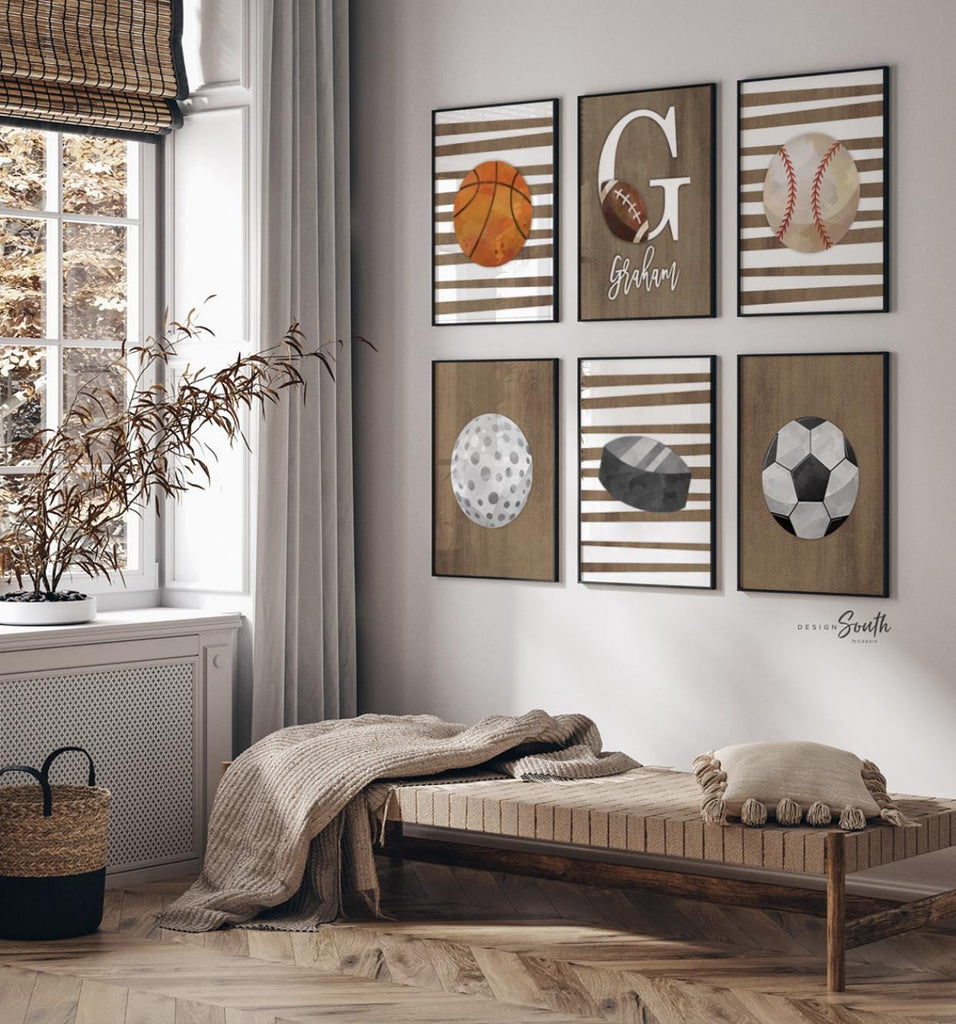 Rustic industrial kids room sports decor, modern sports nursery art set, industrial kids playroom decor, gift for boy sports theme, kid room