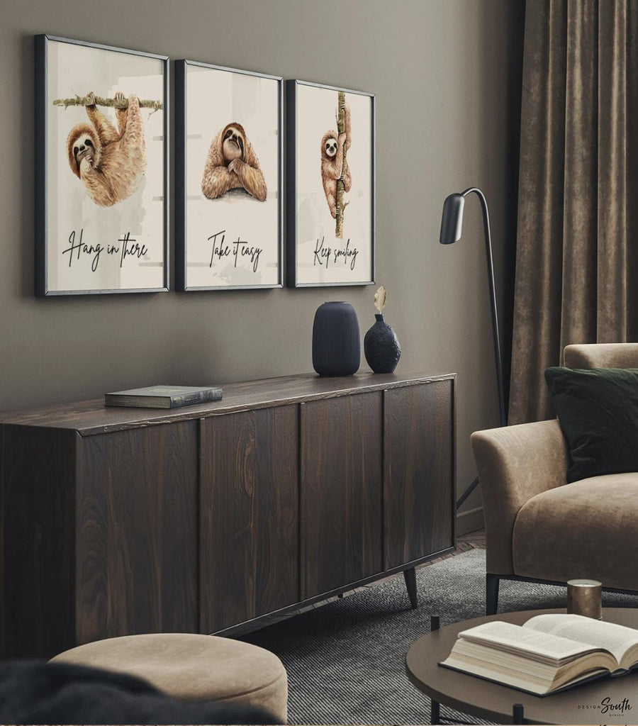 Sloth wall art, set of 3 sloths, sloth quotes art prints, sloth themed room, child sloth wall art, sloth bedroom decor, hanging sloth decor