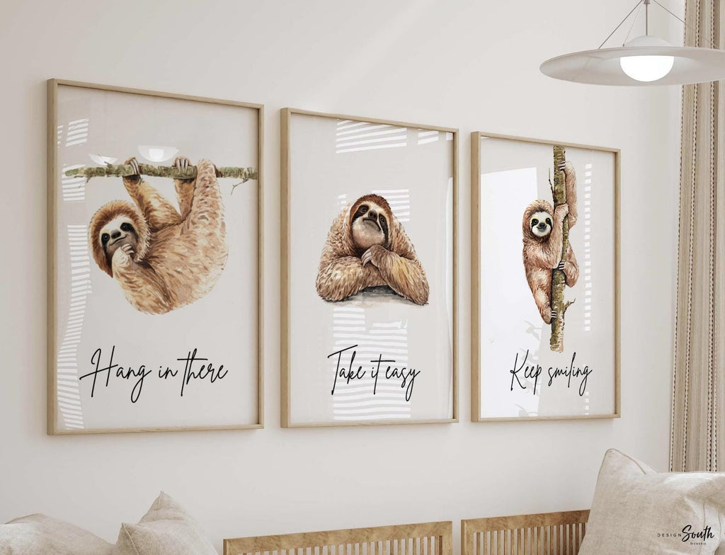 Sloth wall art, set of 3 sloths, sloth quotes art prints, sloth themed room, child sloth wall art, sloth bedroom decor, hanging sloth decor