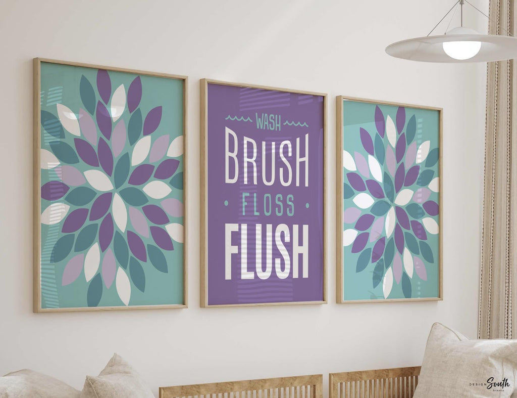 Bathroom wall decor, wash, brush, floss, flush, girls bathroom decor, purple and teal bathroom prints, dahlia bathroom, flower bathroom art