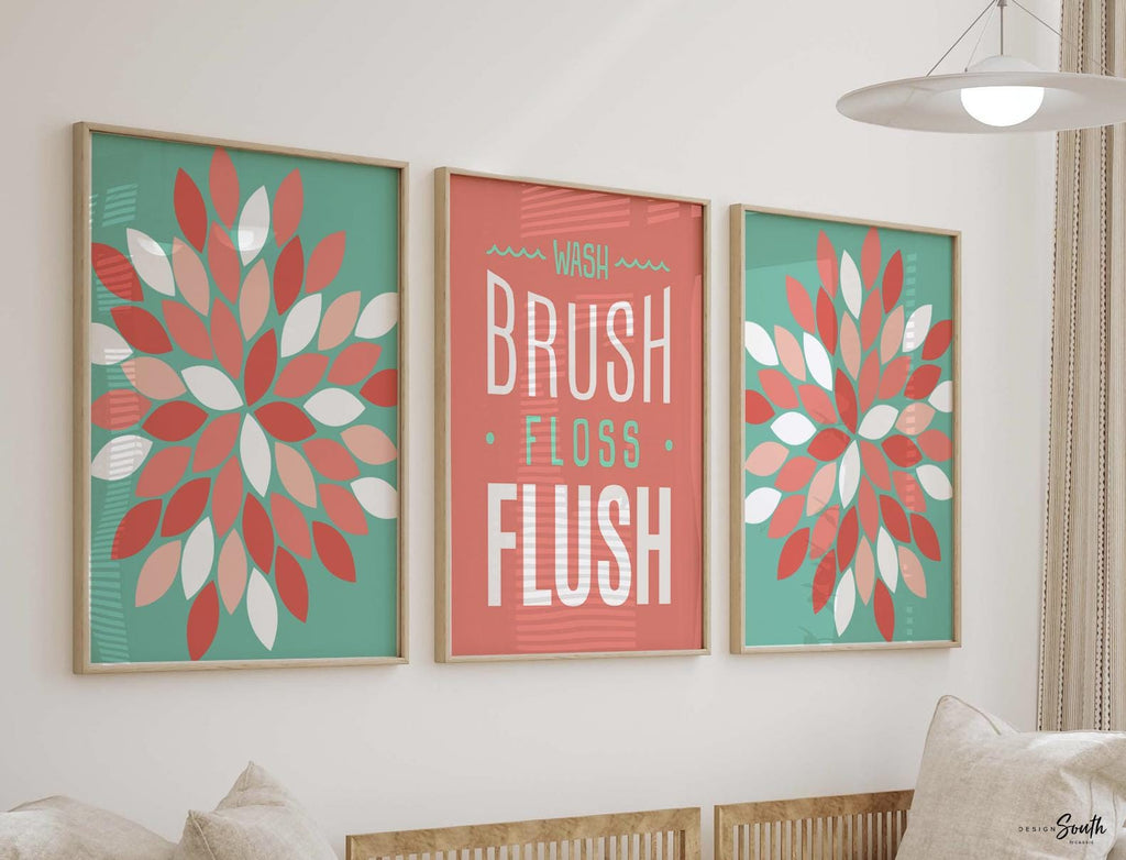 Bathroom wall decor, wash brush floss flush girls bathroom decor, coral bathroom for girl, dahlia bathroom, flower bathroom art baby girl