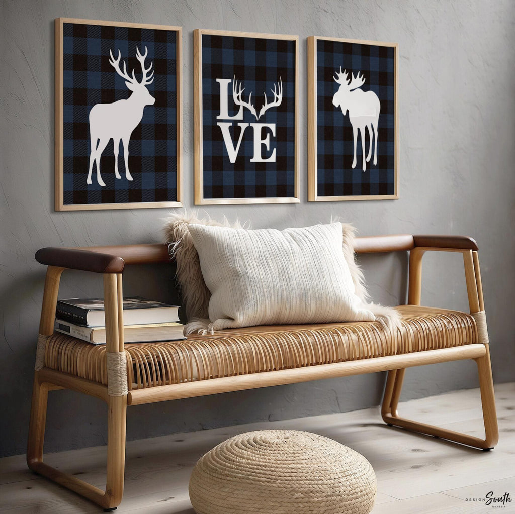 Blue lumberjack nursery decor, woodland baby boy above crib art set, deer and moose pictures, navy blue deer moose buffalo check plaid decor