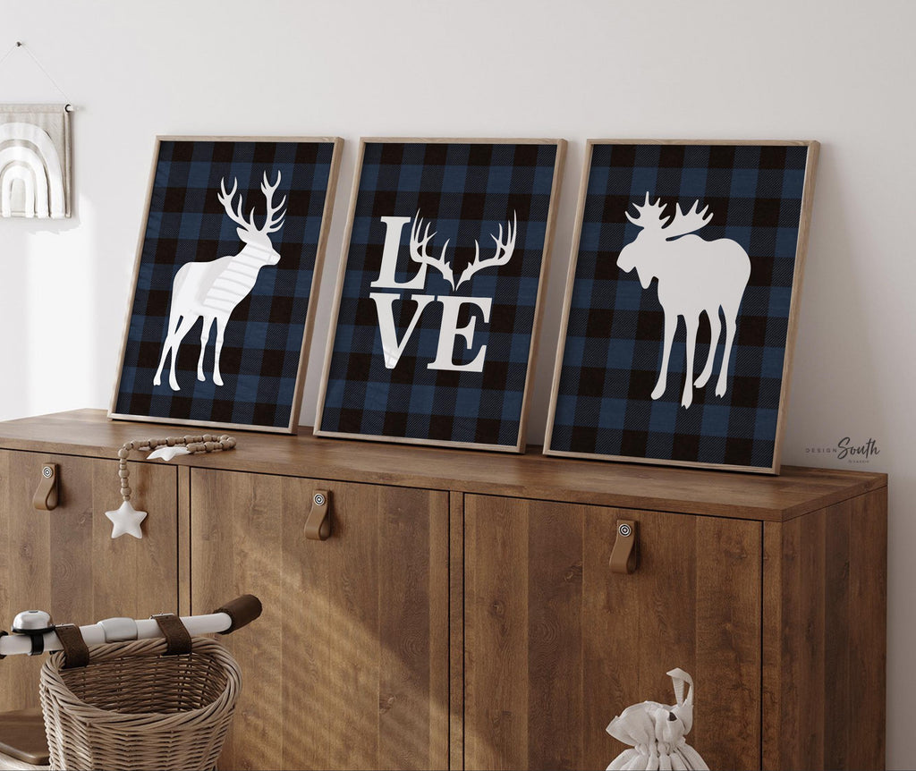 Blue lumberjack nursery decor, woodland baby boy above crib art set, deer and moose pictures, navy blue deer moose buffalo check plaid decor