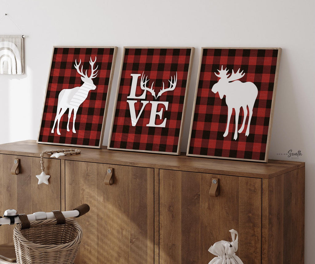 Deer decor lumberjack nursery, buffalo plaid baby, lumberjack nursery wall decor, buffalo check nursery, baby deer hunting nursery red black