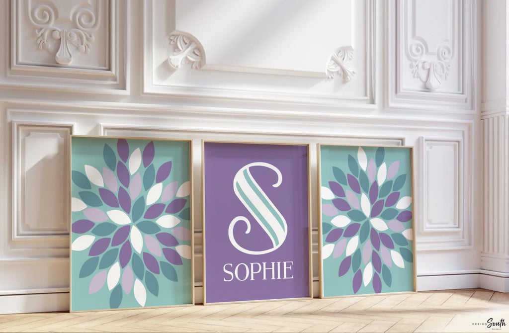 Modern girls name floral decor, bedroom wall art pictures, personalized name art girls monogram, flower burst, girls bedroom decor initial