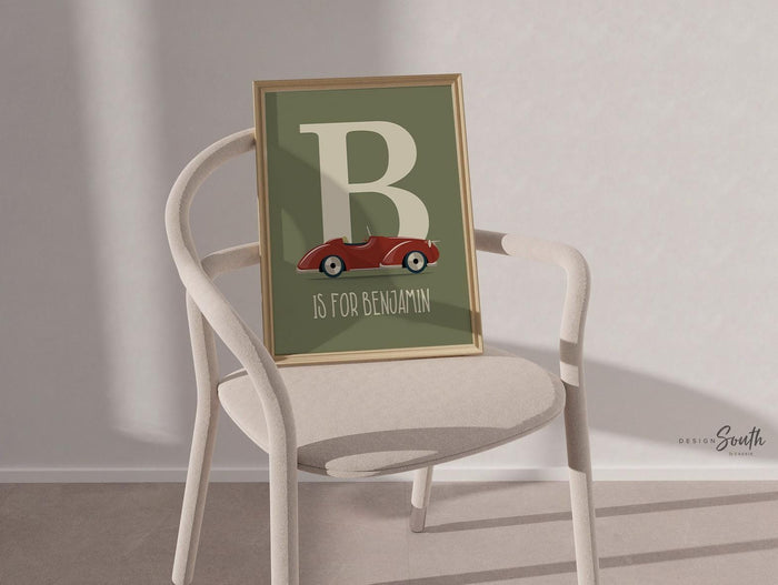 Red car kids room vintage retro sign, child's name transportation theme, decor little boy toddler, bathroom decor cars, old car art children