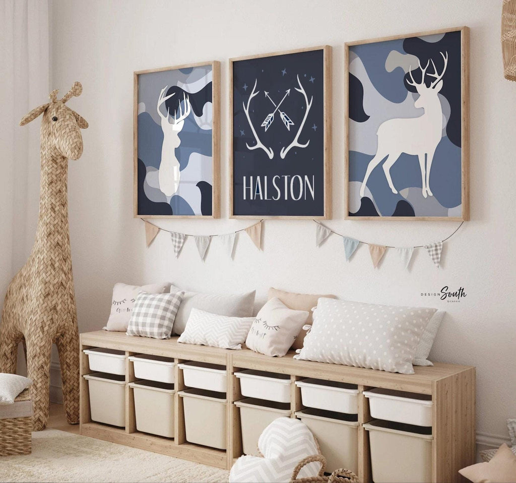 Blue camo boys deer themed room wall art, blue deer boys bedroom decor, boys deer blue and navy, custom deer gift baby boy, deer baby shower