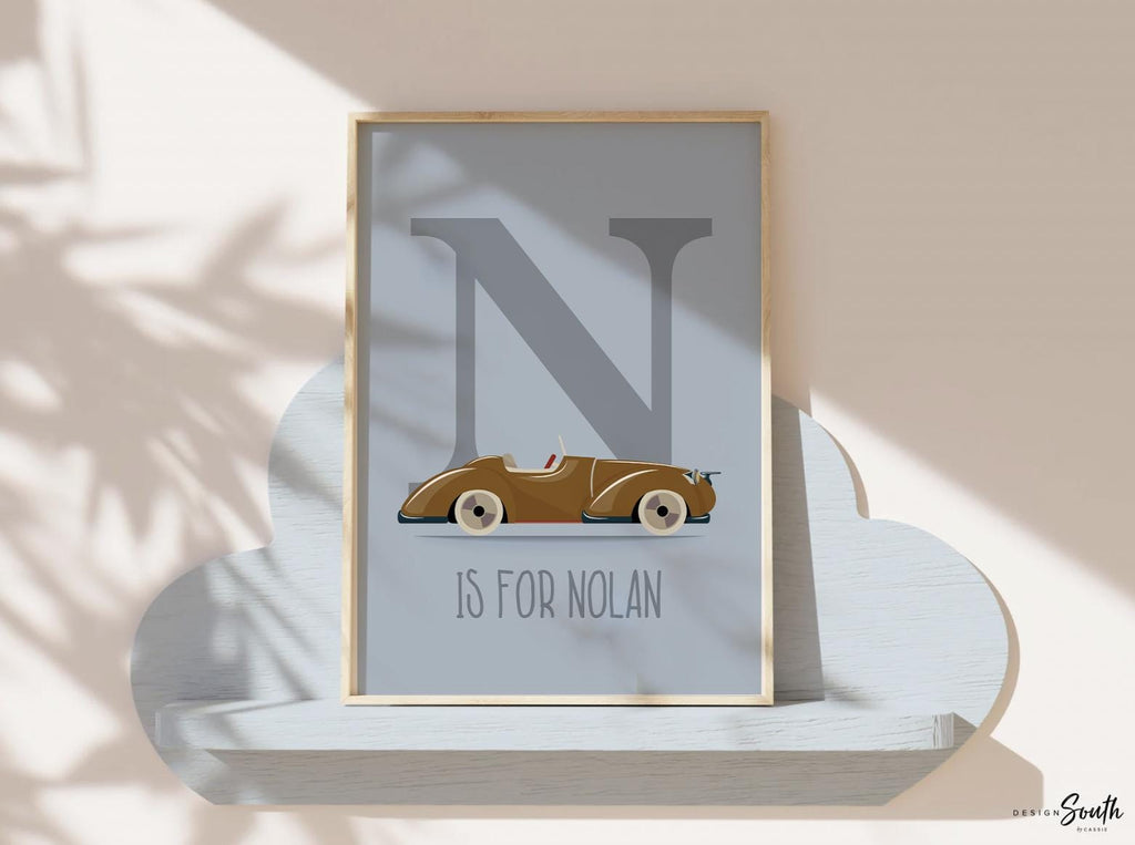 Boys personalized name initial car room, baby blue car boy decor, blue initial poster for boys, transportation themed boy bathroom kids name