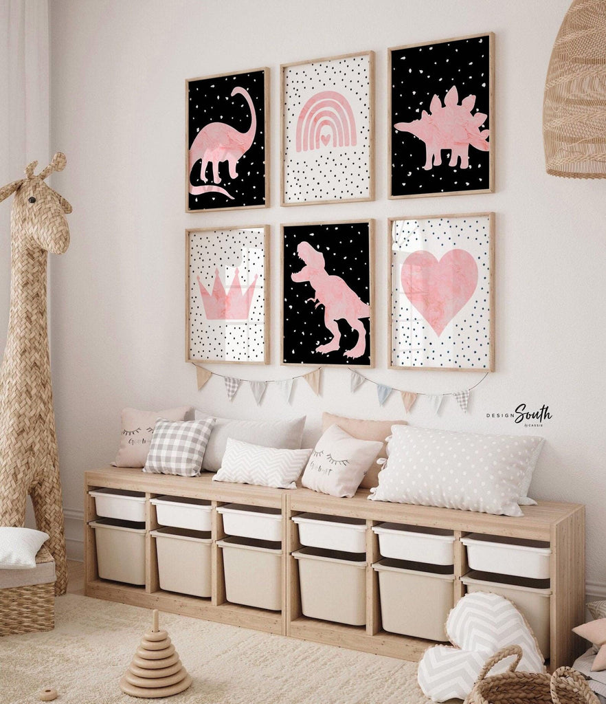 Black and pink dinosaur posters, art print for kids room, girl dinosaur nursery decor, dino nursery print set, dinosaur theme bedroom art
