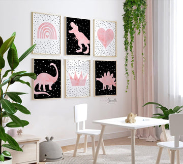 Black and pink dinosaur posters, art print for kids room, girl dinosaur nursery decor, dino nursery print set, dinosaur theme bedroom art