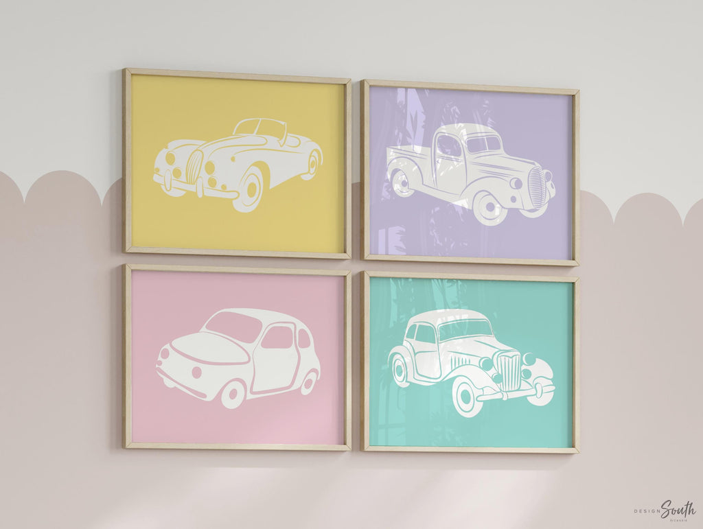 Girls pink vintage car nursery, pink car theme, baby girl transportation decor, girls vintage car wall art, baby girl nursery car decor pink