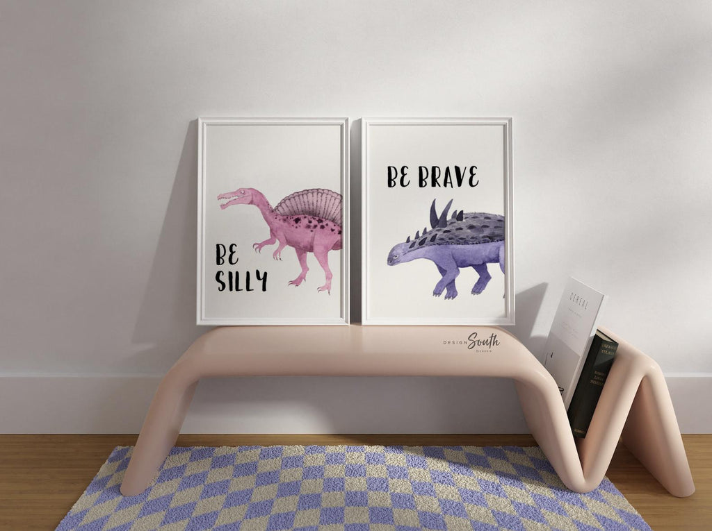 Boy/girl shared playroom wall dinosaurs, boy girl dinosaur wall art, playroom kids wall decor ideas, set of 6 inspirational wall prints kids