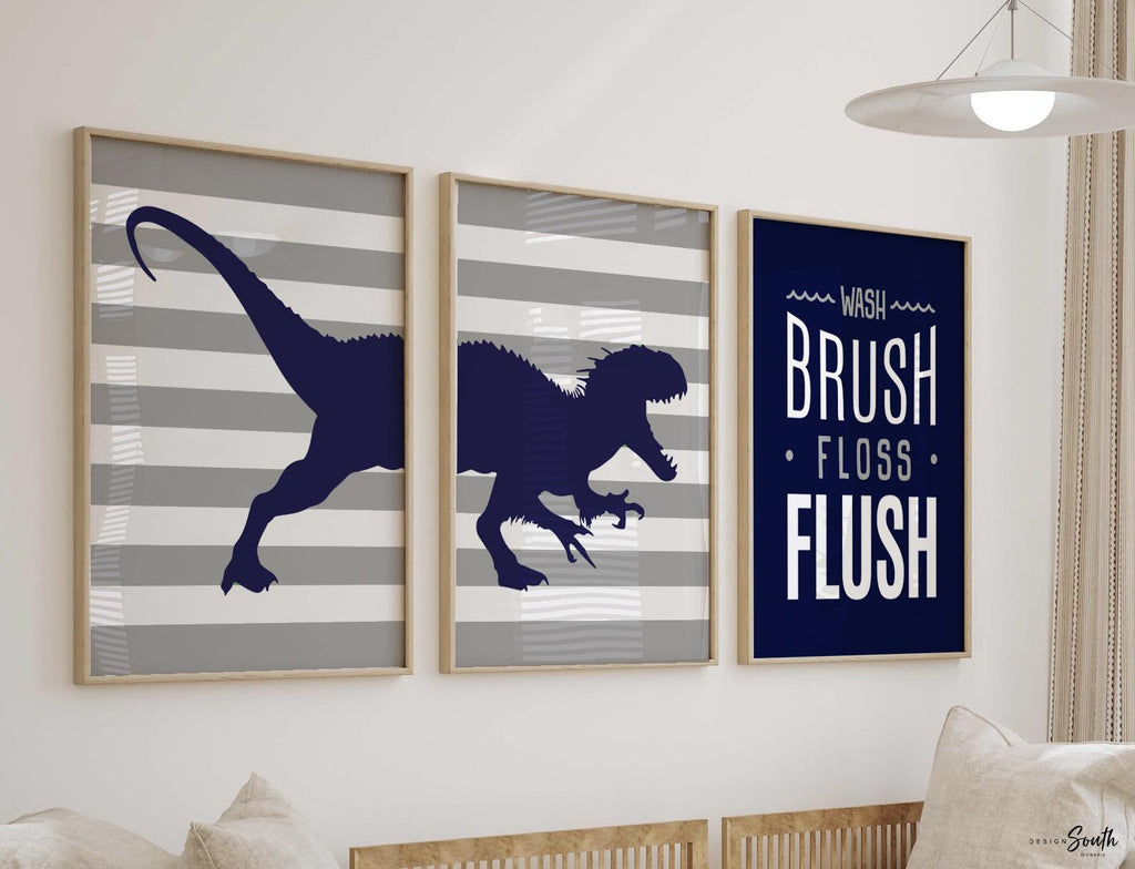 Boys bathroom navy blue and gray, boys blue and gray dinosaur prints, dinosaur bathroom theme, wash brush floss flush dinosaur, kid dinosaur