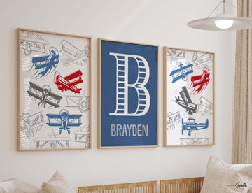 Blue and red airplane aviation flight nursery wall art, airplane baby decor, planes boy nursery, flying planes boys bedroom red and blue kid