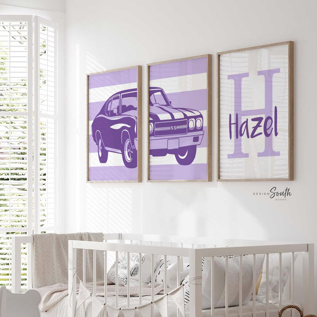 Purple car nursery bedroom wall art, purple muscle car, purple car classic chevrolet chevelle ss art set, purple car themed girl room decor