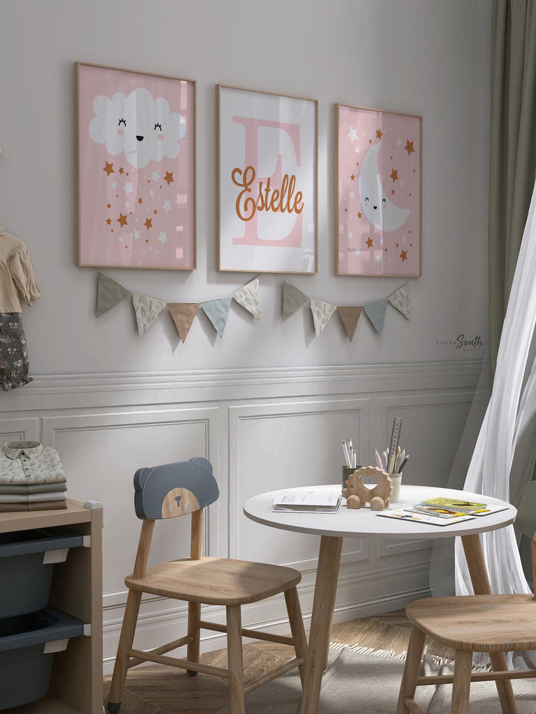 Girls nursery decor pink, baby girl wall art, blush bedroom decor little girl, pink moon star cloud gift, baby star art personalized name