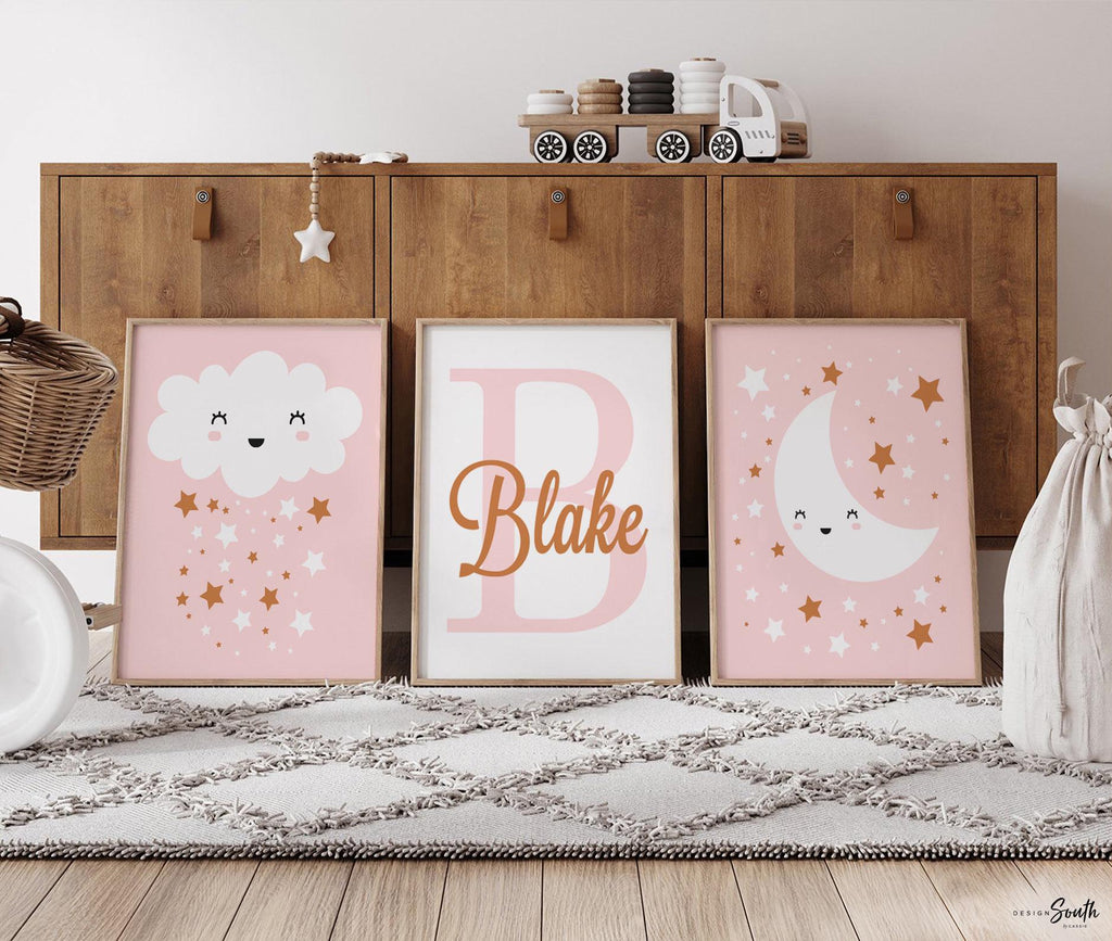 Girls nursery decor pink, baby girl wall art, blush bedroom decor little girl, pink moon star cloud gift, baby star art personalized name