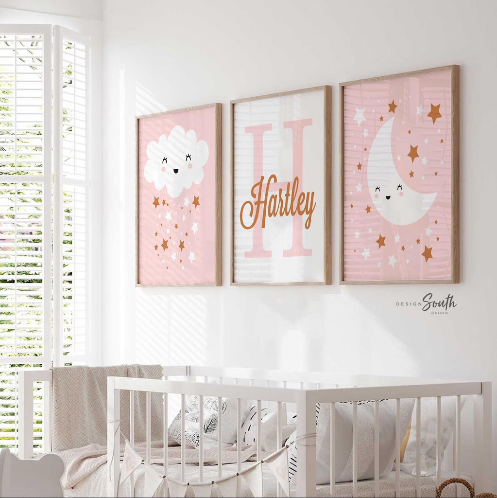 Girls nursery decor pink, baby girl wall art, blush bedroom decor little girl, pink moon star cloud gift, baby star art personalized name