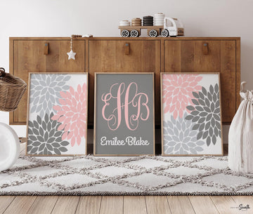 Baby girl nursery pink and gray, pink and gray flower nursery, pink and gray monogram nursery art, baby girl monogram art for nursery pink