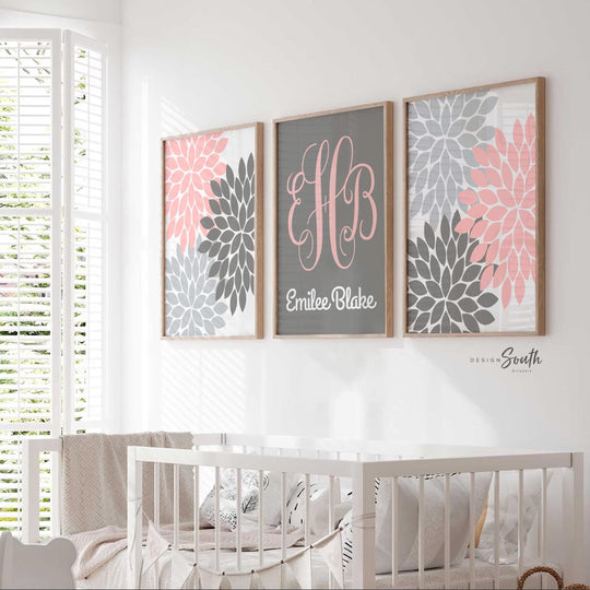 Baby girl nursery pink and gray, pink and gray flower nursery, pink and gray monogram nursery art, baby girl monogram art for nursery pink