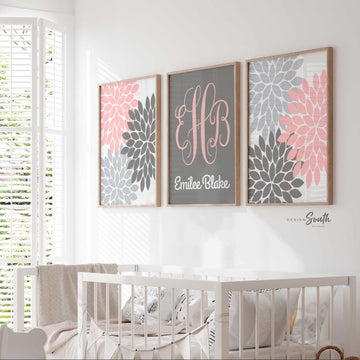 Baby girl nursery pink and gray, pink and gray flower nursery, pink and gray monogram nursery art, baby girl monogram art for nursery pink