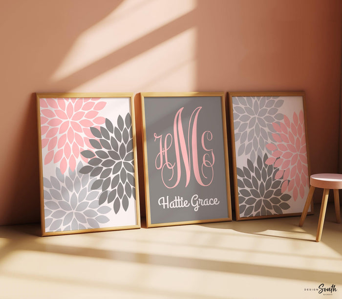 Baby girl nursery pink and gray, pink and gray flower nursery, pink and gray monogram nursery art, baby girl monogram art for nursery, pink
