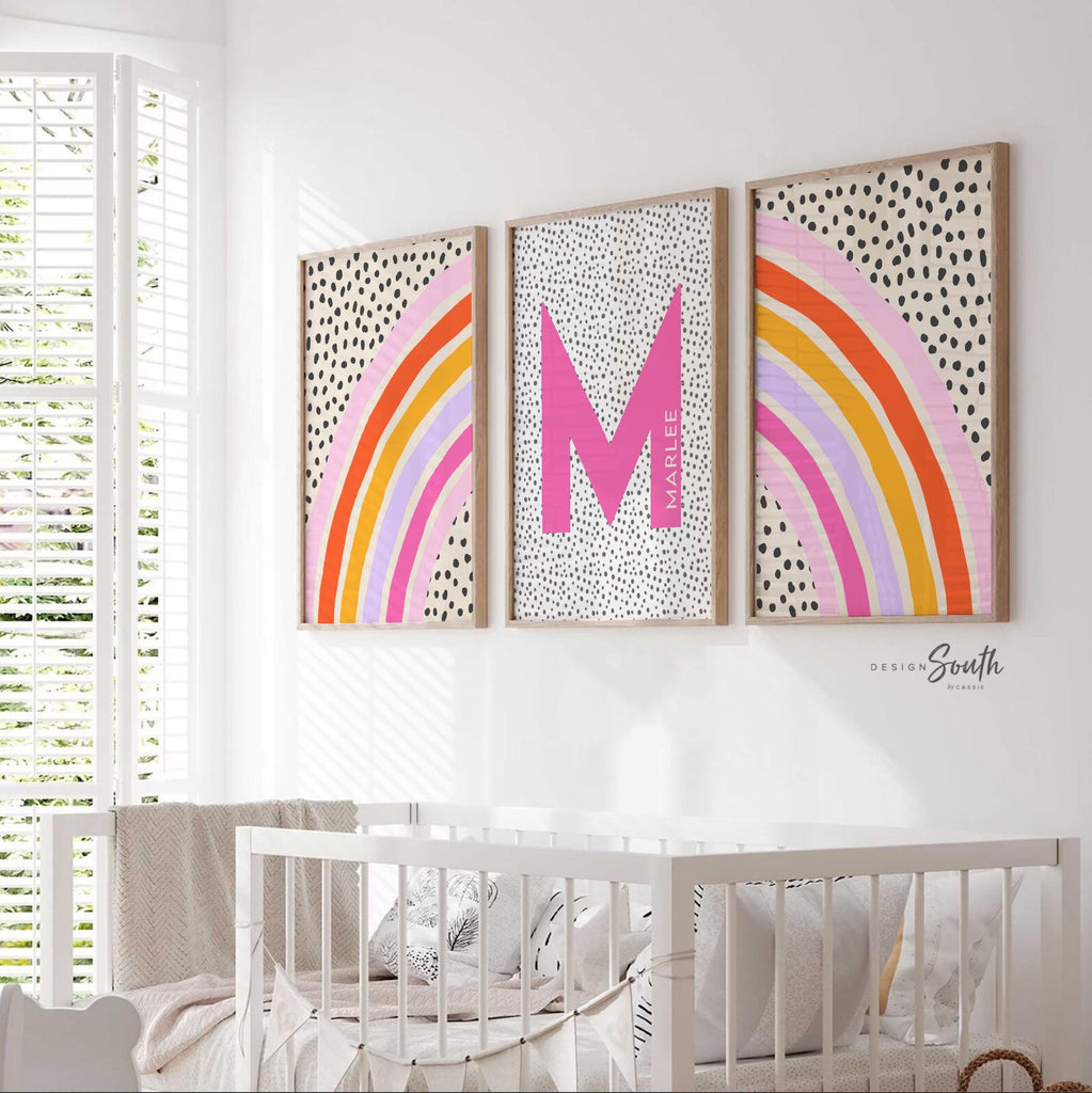 Pink and orange girl nursery, pink orange girl bedroom, girls room ideas, hot pink toddler room, wall art for girls hot pink rainbow decor