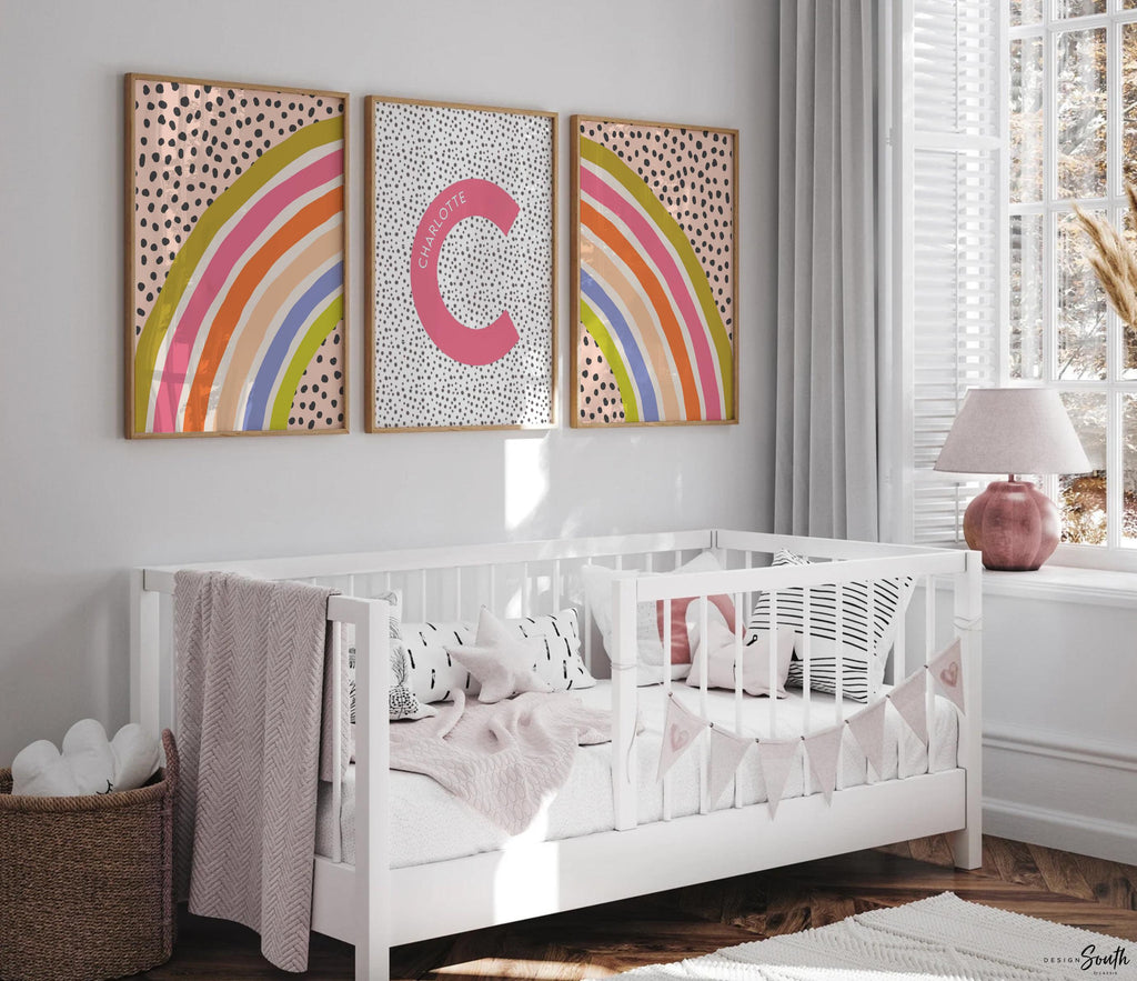 Rainbow nursery or bedroom, baby girl wall art theme pastel rainbow personalized name, pink nursery art prints, rainbow baby room wall decor