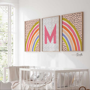 Rainbow nursery or bedroom, baby girl wall art theme pastel rainbow personalized name, pink nursery art prints, rainbow baby room wall decor