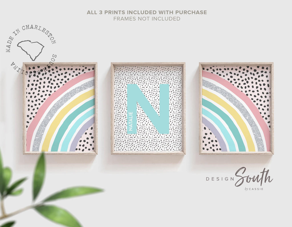 Baby girl pink sparkle nursery art, pink teal rainbow nursery, pink teal baby art, monogram baby art, rainbow nursery art, name nursery art