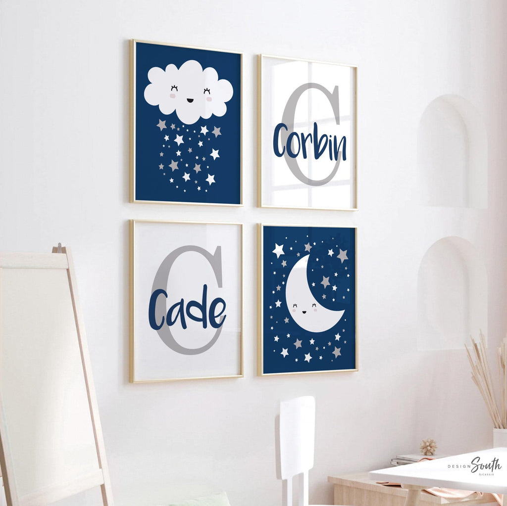 Shared boy bedroom, twin boys nursery wall art prints, navy blue and gray celestial theme moon stars clouds, personalized name and initial