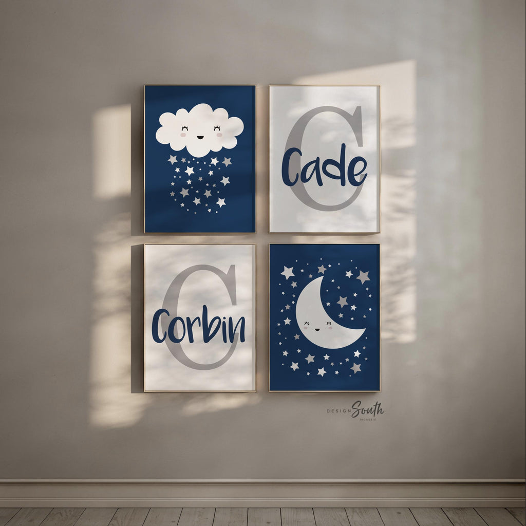 Shared boy bedroom, twin boys nursery wall art prints, navy blue and gray celestial theme moon stars clouds, personalized name and initial