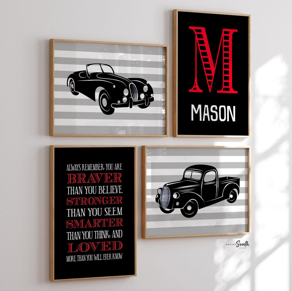 Red and black boys car truck wall art, cars wall art, car truck decor, personalized boys art red black car truck, vintage cars nursery decor