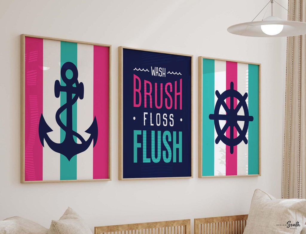 Nautical bathroom decor hot pink and teal, girls nautical bathroom decor, anchor prints wash brush floss flush, little girls bathroom wall