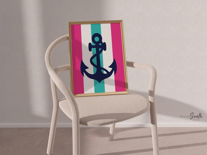 Nautical bathroom decor hot pink and teal, girls nautical bathroom decor, anchor prints wash brush floss flush, little girls bathroom wall