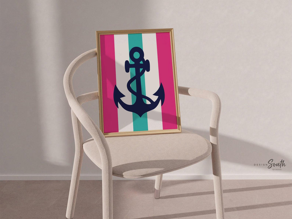 Nautical bathroom decor hot pink and teal, girls nautical bathroom decor, anchor prints wash brush floss flush, little girls bathroom wall