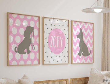 Pink puppy art, girls puppy art, baby girl puppy nursery, girls nursery puppies, girls puppy nursery, pink gray, pink and gray puppy nursery