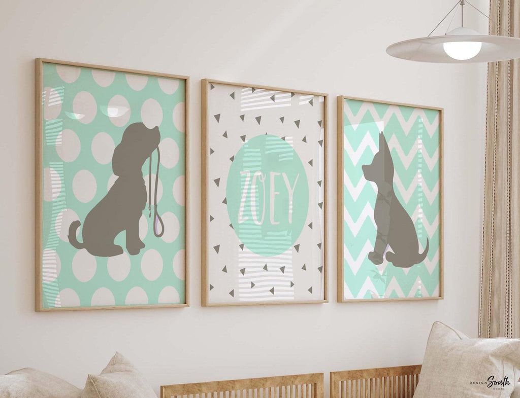 Mint unisex nursery decor, mint and gray nursery decor, puppy dog theme nursery decor unisex gender neutral, personalized name with dogs