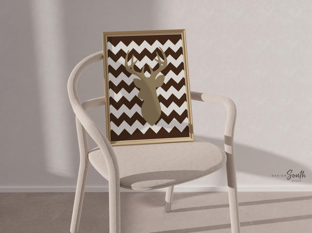 Beige and brown deer nursery art prints, personalized name boys room, hunting decor little boy, buck deer theme art, deer baby shower gift