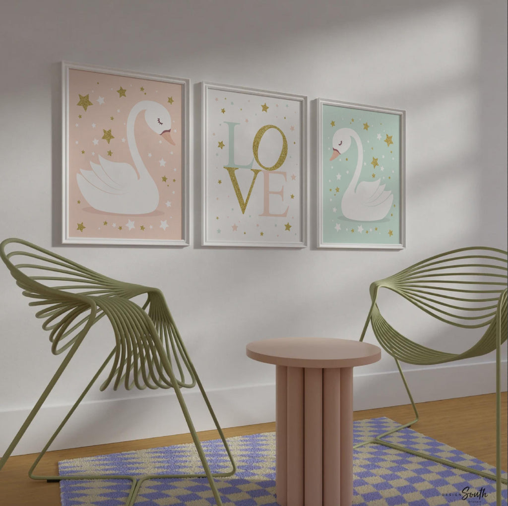 Love print set nursery wall, swan gift for little girl room, swan nursery decor, baby girl love print, swan print, wall art girl bedroom