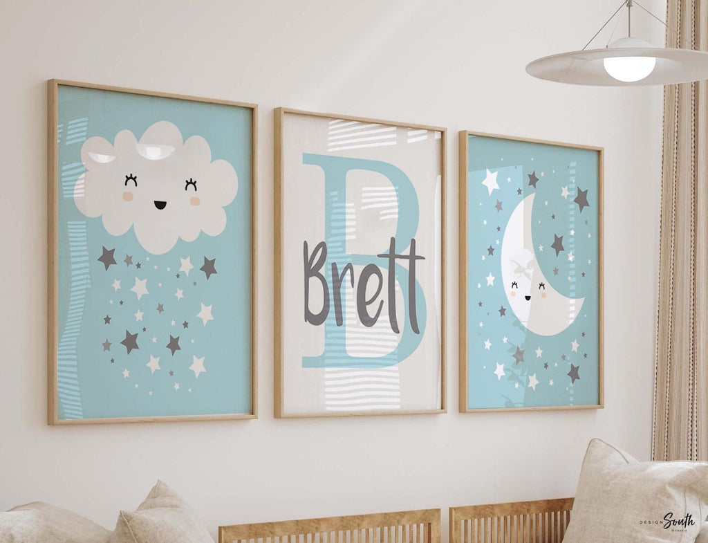 Baby blue and gray nursery for boy, baby shower gift for boy, newborn baby art, moon cloud stars, personalized baby boy art, baby wall decor