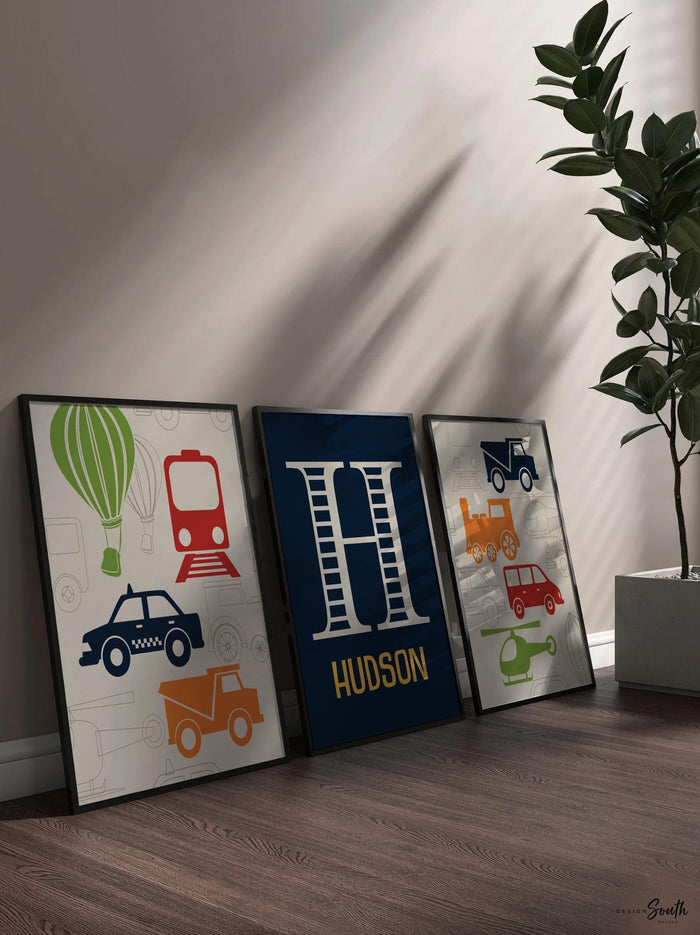 Personalized Transportation Nursery Prints: Navy, Red, Green Boys Room Decor