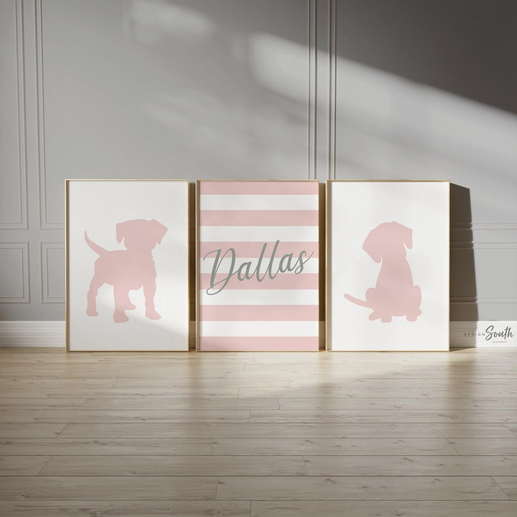 Baby girl wall art, pink puppy dog art, puppy nursery gift, dog nursery art, puppy nursery or bedroom wall art prints, pink gray dog nursery