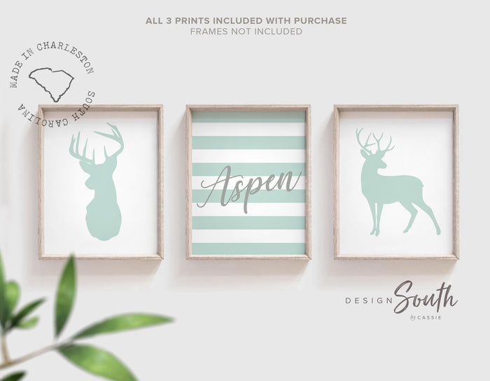 Kids room buck deer gray mint, personalized name, deer baby nursery decor, gray deer, mint deer, woodland boys name art custom sign, boy art