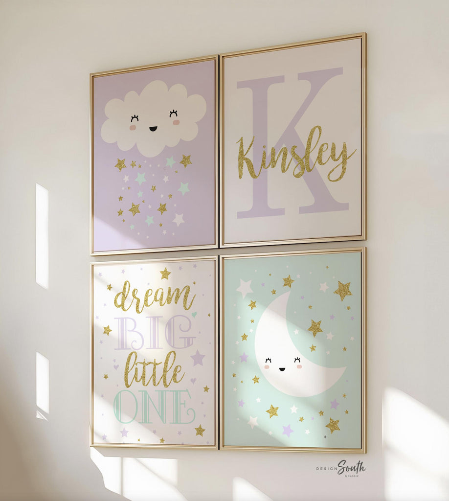 Lilac and mint girls room, baby shower gift girl, personalized girls art, decor moon cloud stars, wall art for girls, bedroom art for girls
