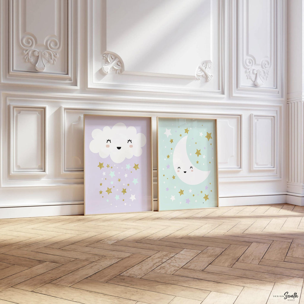 Lilac and mint girls room, baby shower gift girl, personalized girls art, decor moon cloud stars, wall art for girls, bedroom art for girls